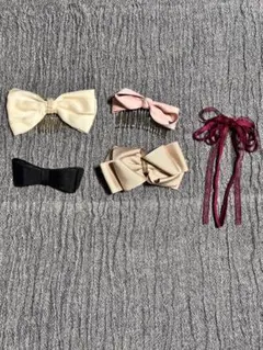 リボンヘアクリップ 5点セット ベージュ ピンク ブラック ワインレッド