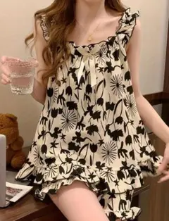 ルームウェア部屋着パジャマ上下フリル大人可愛いデート女子会花柄セクシー7629のサムネイル