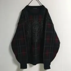 レトロ 古着 ダークトーン 紋章柄 ウール混 ニット セーター メンズL 日本製