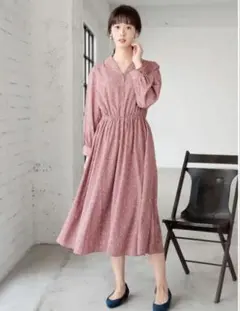 earth music&ecology 開襟レトロ花柄ワンピース　ピンク　フリー