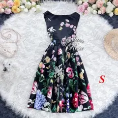 美品✨エムズグレイシー ワンピース 花柄 バラ ひざ丈 ウエストリボン