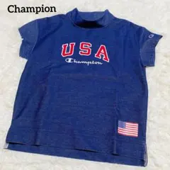 チャンピオン　ゴルフ　 ハイネック半袖トップス　USA　ロゴ刺繍　ブルー　L