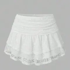 ホワイト レース フリル ミニスカート Qadelle レース刺レイヤースカート