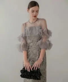 フラワースパンコールチュールフリルスリーブIラインワンピースドレス結婚式二次会