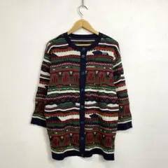 90s 3Dニットカーディガン ノーカラー 幾何学模様 ドイツ vintage
