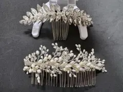 ウェディング ヘアアクセサリー 2点セット リーフ パール コーム 髪飾り結婚式