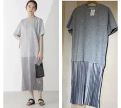 新品　未使用　 ナノ・ユニバース　サテンプリーツドッキングワンピース　グレー