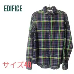 EDIFICE チェック柄 長袖シャツ メンズ サイズ40 ネイビー×グリーン系