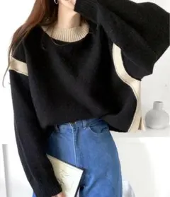 美品ミウィビレット/クラシカルエルフ　 サイド配色あぜ編みニットプルオーバー黒M