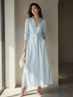 ZARA ベルト付きライトブルーシャツワンピース Sサイズ