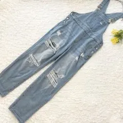 【大きいサイズ】シーイン　ダメージデニムオーバーオール　XL 体型カバー