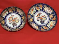 有田焼　永祥窯　古伊万里牡丹料理揃　花柄青色皿セット 大小2点