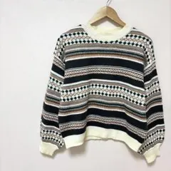 マルチボーダー柄クルーネックニット　ドロップショルダーセーター　レトロ可愛いのサムネイル