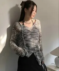 オーバーサイズ メッシュ編みニット グレー系