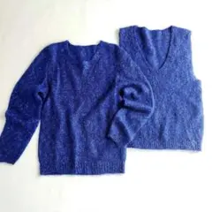 モヘア　セーター　ベスト 2点組　ブルー　マルチカラー　アンサンブル　ニット