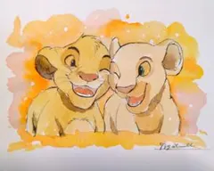 手描きイラストB6　水彩画『太陽の下のふたり』