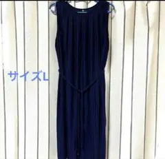 【美品】UNIQLO/ネイビー/プリーツ/ノースリーブワンピース☆L☆高級感