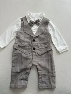 ベスト付きロンパース グレー系チェック　80サイズ