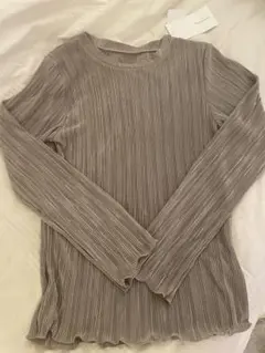 【新品未使用】ラウンドネックプリーツ袖メローリブブラウスL グレージュ