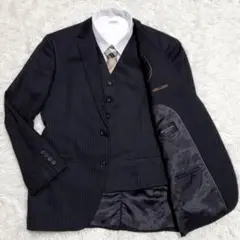 美品 L ティノラス ジャケット ベストウール100 ストライプ ブラック