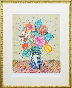 【真作】アイズピリ 「ベージュ背景のバラの花束」リトグラフ 10号大 直筆サイン 真作】アイズピリ 「ベージュ背景のバラの花束」リトグラフ 10号