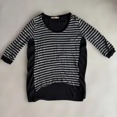 GLOBAL WORK ブラック系ストライプ柄 五分袖Tシャツ サイズM
