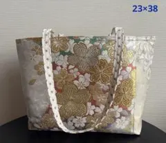帯のリメイクバッグ　桜　金銀糸　ラメ糸