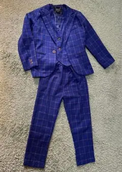 キッズ　スーツ　130 ブルー　チェック柄 フォーマル　3点セット
