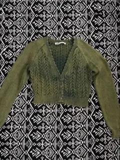 ZARA ケーブル編み クロップド丈 カーディガン グリーン