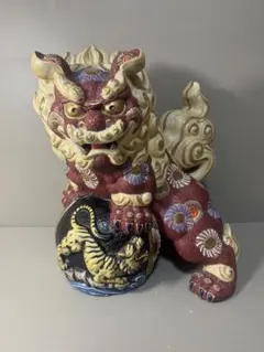 九谷八幡窯獅子陶器置物緑と金の装飾ヴィンテージ