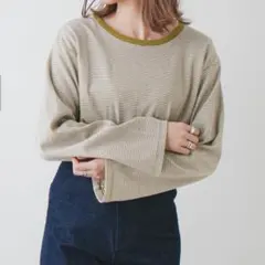 カスタネ Kastane カットソー ボーダー　長袖 オリーブ 緑　グリーンのサムネイル