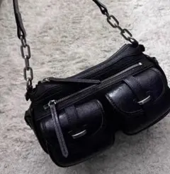 ブラック レザー ショルダーバッグ ダブルポケット