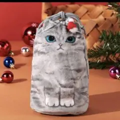 KALDI カルディ　おすわりネコ巾着　グレー 巾着袋　猫　クリスマス