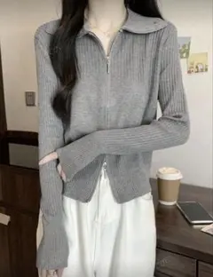 SHEIN ニット 襟 ダブルジップ グレー 長袖 チャック