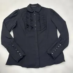 ZARA BASIC ピンタック フリルブラウス 黒 Lのサムネイル