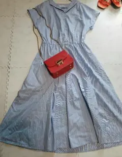 PASSIONE半袖フレアーシャツロングワンピース ストライプコットン夏Aライン