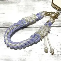 ハンドメイド　パラコード　ハンドストラップ　ストラップ　花　パールリボン⑤