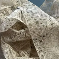 ◆フランスアンティーク｜レース素材H幅広大きめリボン花刺繍生成りエクリュ麻リネン