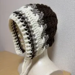 バラクラバ ニット帽 ボンネット 耳あて付き ブラウン ホワイト ベージュ