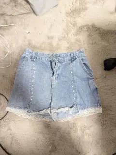 デニムショートパンツ レース付きライトブルー