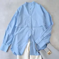 スピックアンドスパン　ヨークレイヤードシャツ　ストライプ　ブルー　バンドカラー