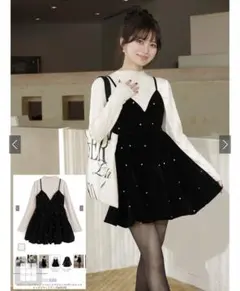 パール装飾付きブラックベルベットワンピース