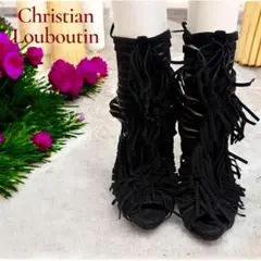 クリスチャンルブタン フリンジ サンダル 35 ブラック レースアップ ヒール