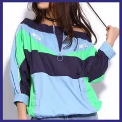 美品 レディース x-girl オフショル ナイロン 配色 プルオーバー