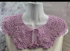 つけ襟　20番レース　桜色　スカラップ　花モチーフ　手編み　ハンドメイド