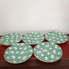 特選九谷焼 九谷青郊窯 銘々皿 取皿 菓子皿 5号菊皿揃 グリーン地葉紋
