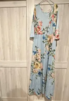 一点物✨️ 花柄水色ロングワンピース 七分袖 ワンピース ロングワンピース