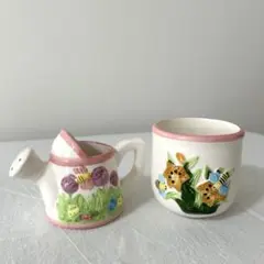 陶器製 水やりジョウロとカップ セット