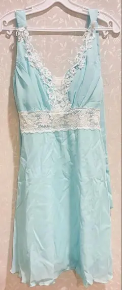 水色レース装飾ノースリーブミニワンピース L