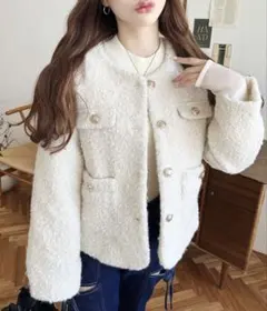 フェイクリングウール金ボタンノーカラージャケット ボトルネック リブニット